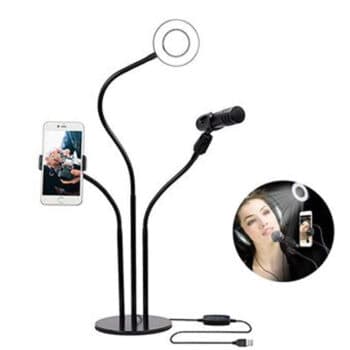 LED Selfie Ring Light avec support pour telephone portable et support de microphone BR Noir