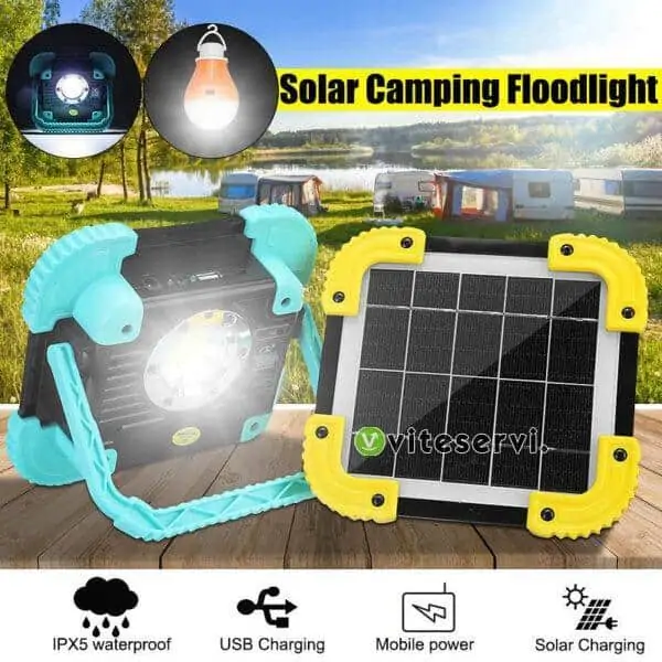 Lampe solaire LED Portable, Rechargeable par USB, lampe de poche réglable à 360 ° avec ampoule, pour l'extérieur, jardin, Camping, tente, pêche