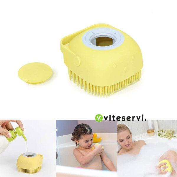 Brosse de bain et de douche exfoliante de massage en silicone avec distributeur de savon, épurateur de bain en silicone avec texture ultra douce, facile à nettoyer, mousse bien