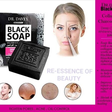 Savon Noir au Collagène et Charbon Actif DR. DAVEY 100g – Nettoyant Profond Anti-Acné, Points Noirs, Pores Dilatés, Blanchissant et Régulateur de Sébum pour une Peau Nette et Éclatante