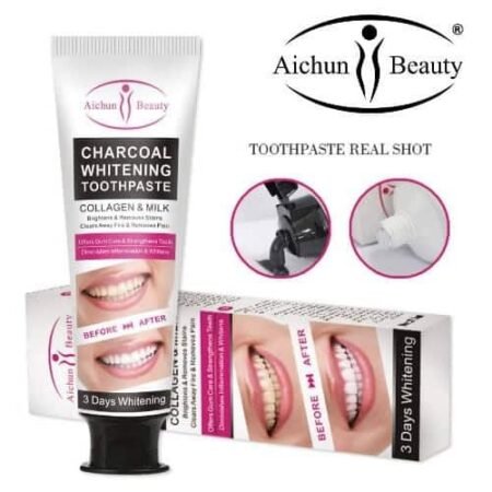 Dentifrice Blanchissant au Charbon Actif, Collagène et Lait Aichun Beauty, Élimine Taches et Inflammation, Renforce les Gencives, Effet Blancheur en 3 Jours, Soin Buccal Complet, Anti-Taches, Anti-Inflammatoire