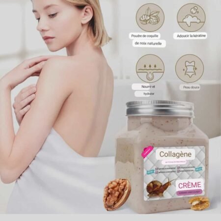 Gommage Corps Exfoliant au Collagène et Extrait d'Escargot 500ml, Crème Nettoyante Hydratante Anti-Âge pour Peau Douce, Éclaircissante et Réparatrice, Formule à la Poudre de Coquille de Noix Naturelle