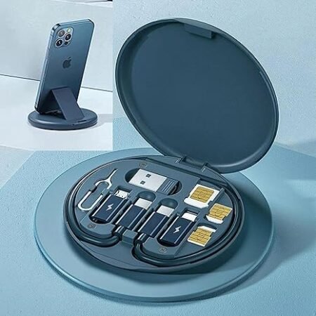 Range Sim et Ensemble de câbles de données de charge rapide multifonctions pour Apple, Android, chargement de type C avec broche de récupération de carte, boîte de rangement ronde, boîte de rangement de câble de données USB compacte et portable Ensemble de câbles de voyage