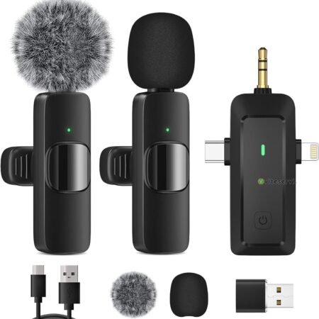 Micro Cravate sans Fil Universel pour iPhone/Téléphone Android/Caméra/Ordinateur Portable, Microphone Professionnel à Double Revers avec Prise USB-C/3,5 mm/USB pour Enregistrement vidéo, Vlog