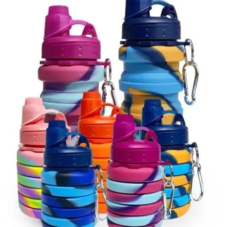 Bouteilles d'eau pliables en silicone, 16 oz 500 ml, bouteille d'eau portable pliable et extensible, tasses de sport avec mousqueton, anti-fuite, réutilisables, sans BPA
