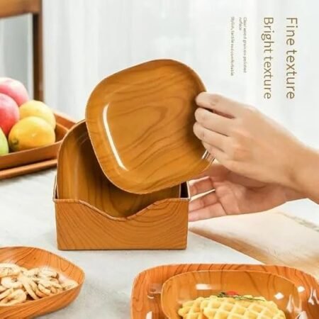 Ensemble de vaisselle en plastique à grain de bois de 11 pièces, plat à os craché, assiettes carrées, assiette à fruits secs, bols à collation pour gâteaux