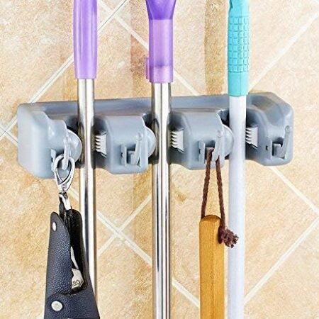 Porte Balai Mural Multifonctions, Accroche Mop Support san Percage, Support Cintre de Rangement pour Cuisine Buanderie Jardin Garage (3 Emplacements et 4 Crochets)