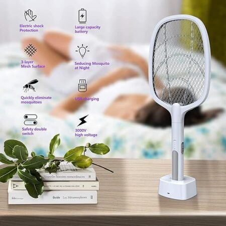 Raquette Anti Moustique, 2 en 1 3000V USB Rechargeable Tapette à Mouches Electrique, avec Base de Chargement, Protection de Maille 3 Couches, Pour IntéRieur Et ExtéRieur