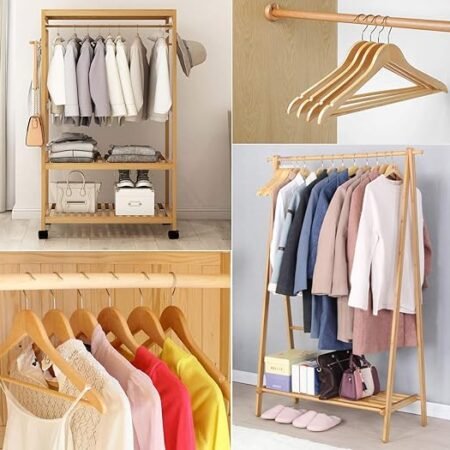 Set de 03 Cintres en Bois Naturel,32 Cintres en Bois Massif Solide avec Encoches,Barre Antiglisse,Crochet Couleur érable Pivotant à 360°, Cintres Antidérapants pour Pantalons/Jupe/Chemises