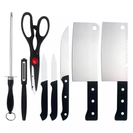 Set de Couteaux de Cuisine Professionnel 8 Pièces avec Ciseaux et Éplucheur, Lames Acier Inoxydable Manches Noirs
