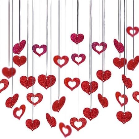 Coeur Guirlande Rouges, Decoration Coeur Suspendus, Bannières Guirlande Coeur à Suspendre pour l'anniversaire de Mariage Valentin、Fête des mères、Printemps(Rouge)