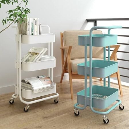 Chariot de rangement en métal, chariot de service polyvalent à 3 niveaux, organisateur avec roue et 2 roulettes verrouillables, pour cuisine, salon, salle de bain