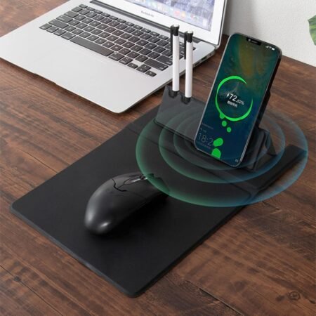 Tapis de souris de chargement sans fil 5 en 1, tapis de souris de jeu à chargement rapide sans fil 15 W avec support pour stylo/téléphone, support en caoutchouc antidérapant, tapis de souris de bureau