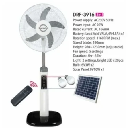 Ventilateur sur pied rechargeable 3-en-1 DuraVolt 16" + panneau solaire/ampoules