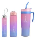 Gourde à paille de 2 L avec couvercle en plastique, 3 pièces, bleu