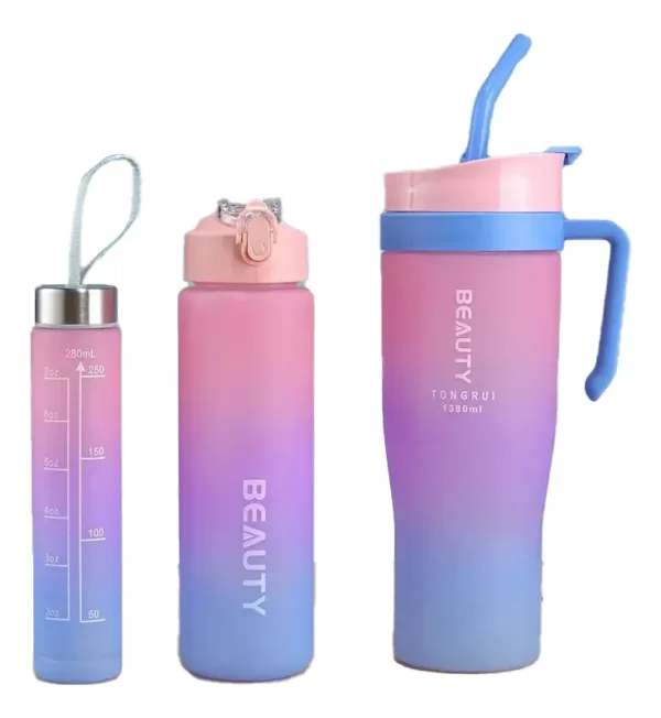 Gourde à paille de 2 L avec couvercle en plastique, 3 pièces, bleu