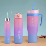 Gourde à paille de 2 L avec couvercle en plastique, 3 pièces, bleu