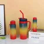 Gourde à paille de 2 L avec couvercle en plastique, 3 pièces, bleu