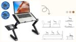 Support Bureau d'ordinateur Portable Pliable en Aluminium Ergonomique Plateau Support de Lecture Inclinable avec Coussin de Refroidissement Noir