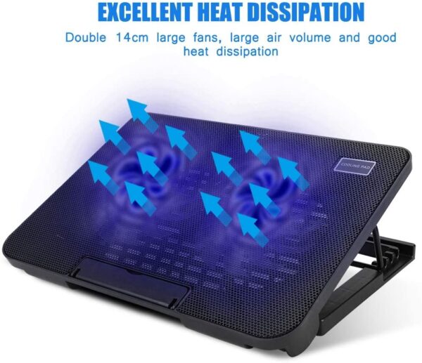 Support PC avec refroidisseur pour ordinateur portable, vitesse réglable, 2 ports USB et 2 ventilateurs, support pour ordinateur portable de 12 à 17 pouces
