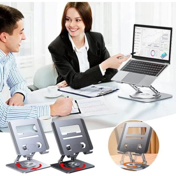 Support pour ordinateur portable en aluminium avec base rotative à 360 ° - Réglable en hauteur - Compatible avec les ordinateurs portables de moins de 17,3