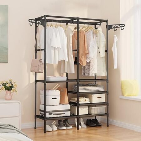 Portant Penderie à Vêtements De Vêtement, Porte Manteau Armoire Crochets Etagères De Rangement en avec étagère pour Chaussures pour Maison Salon Chambre Entrée