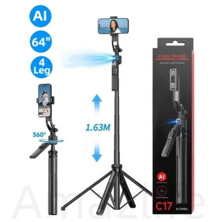 Trépieds Kit de vlogging C17, stabilisateur de cardan, rotation à 360°, suivi automatique du visage, téléphone portable, perche à selfie intelligente, trépied