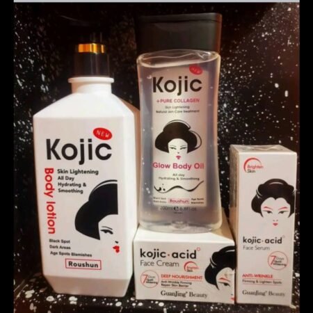 Gamme kojic de corps composée de la crème, lait, huile glow et sérum pour une peau très hydraté sans ride,ni tache, vergetures estompé et éclatante