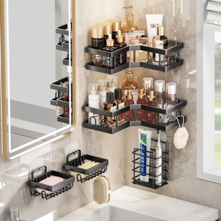 Étagère de Salle de Bain Murale d'Angle et Porte-Savon Adhésif, Organisateur de Douche Sans Perçage, Rangement Anti-Rouille en Aluminium Noir pour Cosmétiques et Accessoires Hygiène