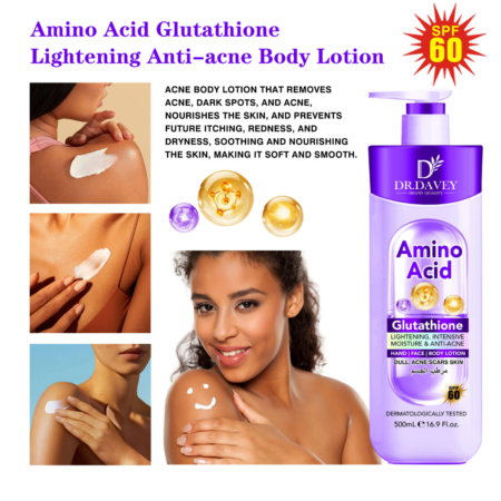 Lotion Corporelle Éclaircissante Anti-acné Dr. Davey à l'Acide Aminé et Glutathion, Hydratante Intensive, Protectrice SPF 60, pour Peau Terne et Marques d'Acné, Soin Unifiant et Apaisant 500ml