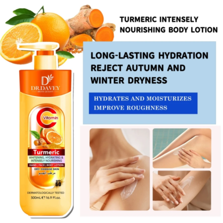 lotion pour le corps au curcuma et à la vitamine C de la marque.C'est une lotion hydratante conçue pour éclaircir et nourrir la peau, et elle contient un SPF 60.