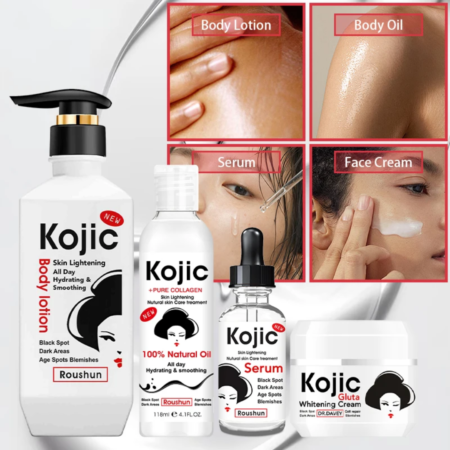 Pack Complet Éclaircissant Kojic pour Corps et Visage, Hydratant Anti-Taches Sombres et Unifiant le Teint, Soin Peau Anti-Âge et Lissant