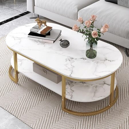 Table Basse Moderne Ovale avec Plateau en Faux Marbre - Bois avec Rangement Ouvert, Minimaliste pour Cocktail de Salon