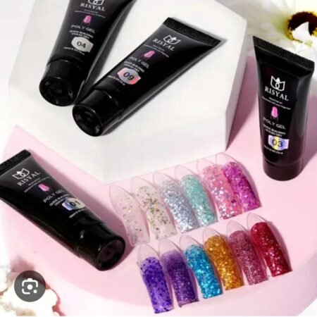 Poly Gel Pailleté UV/LED RISYAL pour Extension d'Ongles, Gel de Construction Rapide et Facile, Manucure Brillante Longue Durée, Nail Art Scintillant (15ml, Couleurs Variées)