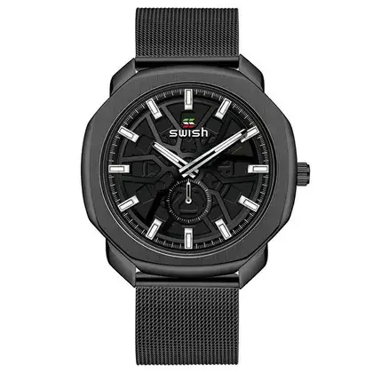 087bd60ce5e723dbafc406f9a972c0ab Montre homme SWISH Army à bracelet en maille, acier noir avec revêtement PVD