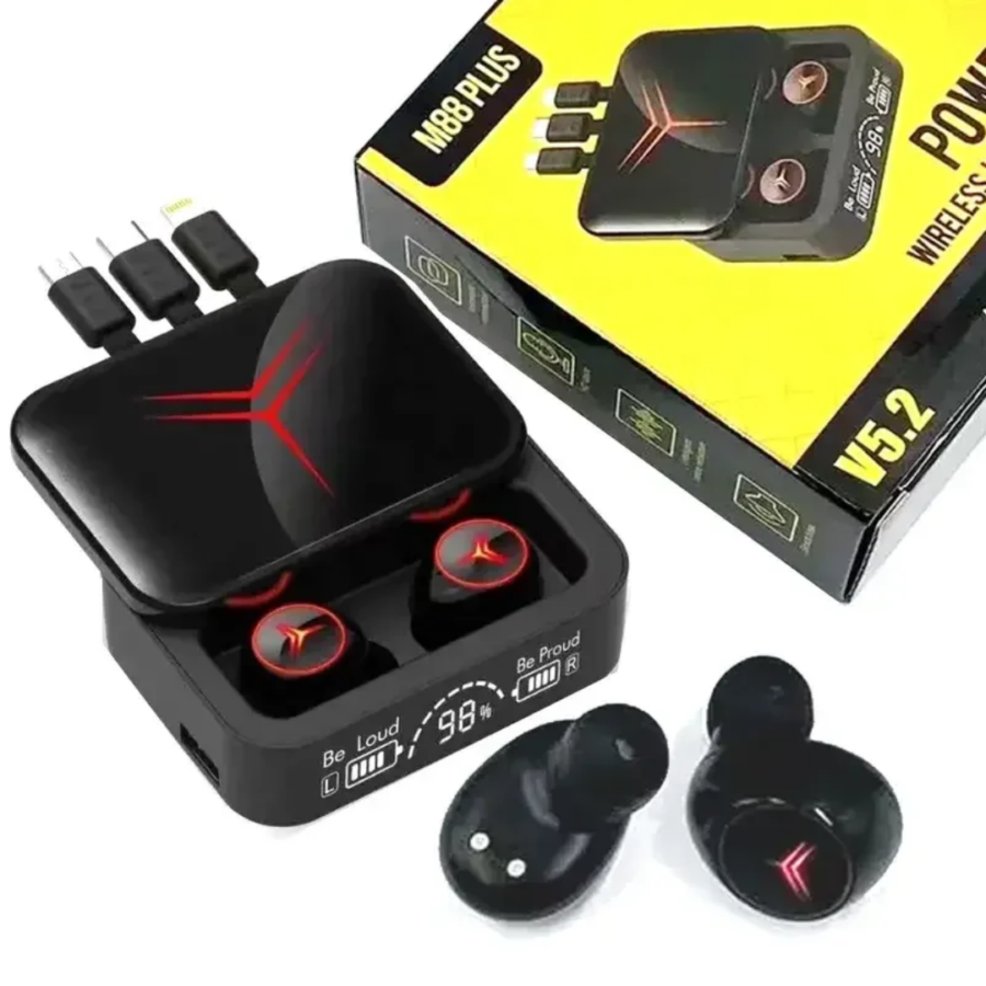 Écouteurs Sans Fil M88 PLUS Bluetooth 5.2 avec Boîtier Chargeur Power Bank Intégré, Réduction de Bruit ENC, Casque Audio Stéréo TWS avec Câbles de Charge Universels pour Smartphones et Tablettes (Noir)