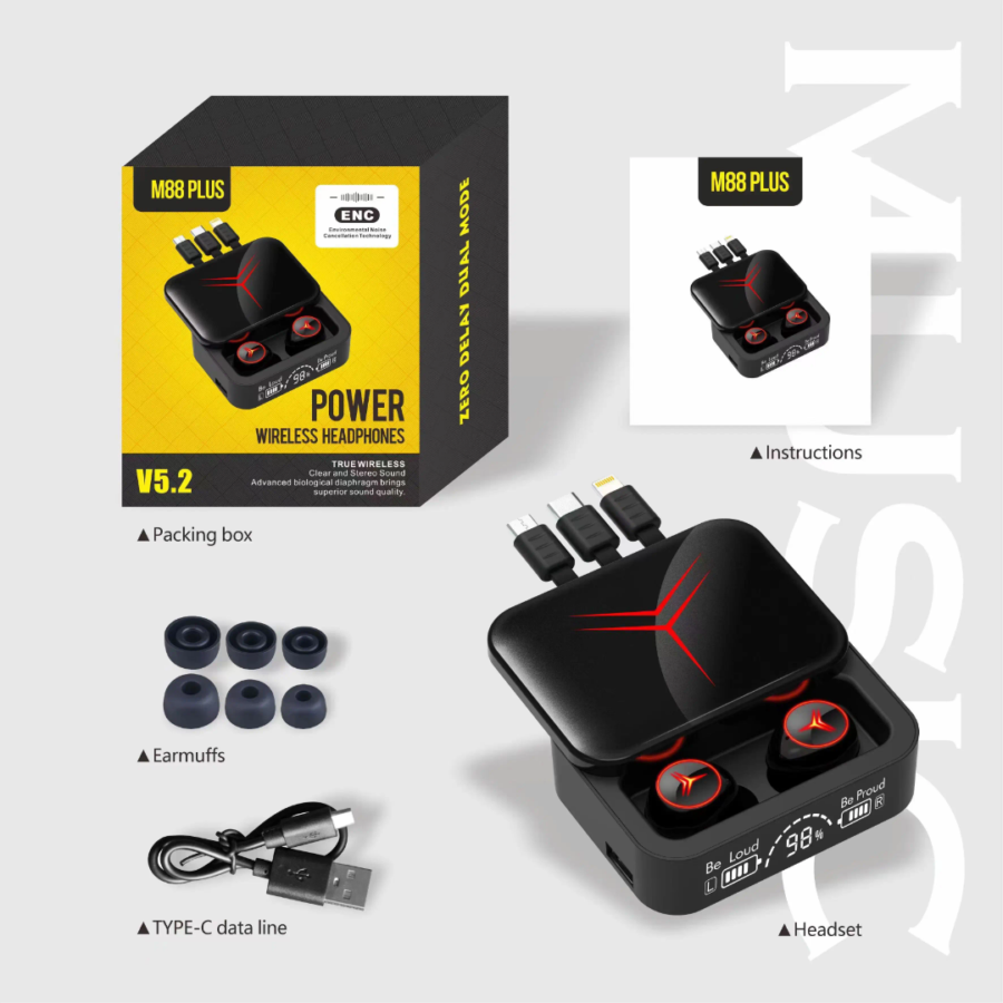 Écouteurs Sans Fil M88 PLUS Bluetooth 5.2 avec Boîtier Chargeur Power Bank Intégré, Réduction de Bruit ENC, Casque Audio Stéréo TWS avec Câbles de Charge Universels pour Smartphones et Tablettes (Noir)