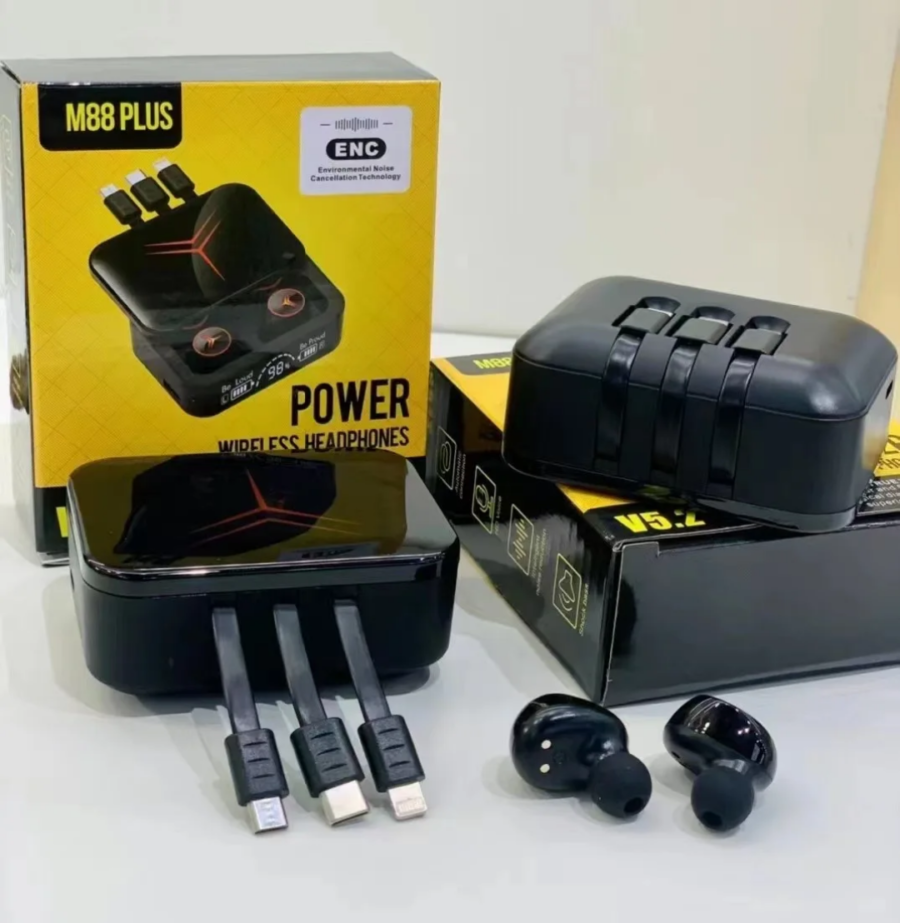 Écouteurs Sans Fil M88 PLUS Bluetooth 5.2 avec Boîtier Chargeur Power Bank Intégré, Réduction de Bruit ENC, Casque Audio Stéréo TWS avec Câbles de Charge Universels pour Smartphones et Tablettes (Noir)
