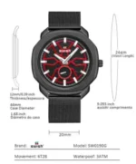 Montre homme SWISH Army à bracelet en maille, acier noir avec revêtement PVD