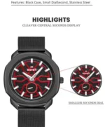 Montre homme SWISH Army à bracelet en maille, acier noir avec revêtement PVD