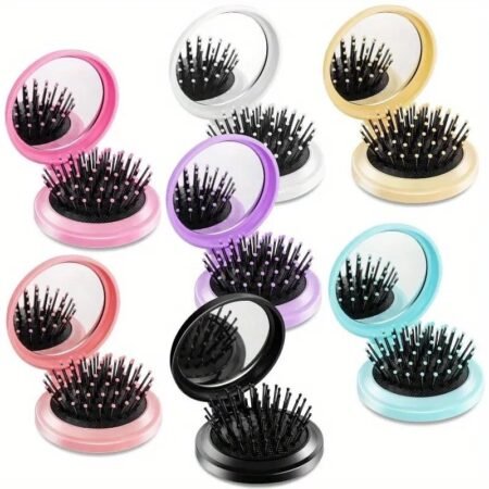 Kit 2en1 de brosse à cheveux pliantes avec mini miroir compact - Format voyage ou sorties - Design compact - Noir et blanc