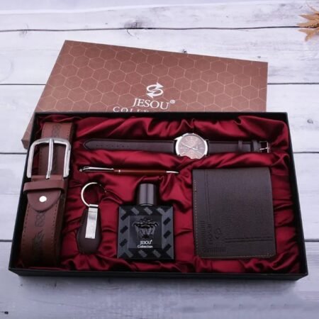 Coffret Cadeau Homme JESOU Luxe 6-en-1, Ensemble Complet d'Accessoires Élégants pour Homme Moderne, Montre Classique, Ceinture en Cuir, Portefeuille, Parfum, Stylo et Porte-clés, Idéal pour Anniversaire et Fêtes