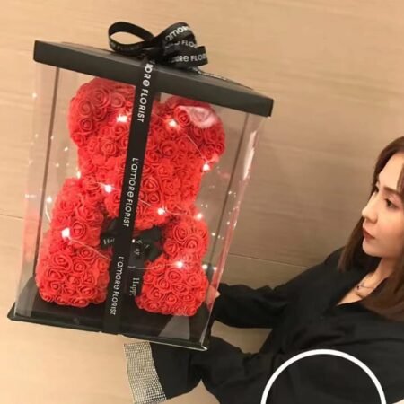 Ours en Roses Éternelles Lumineux LED, Cadeau Romantique et Peluche Fleurie Faite Main pour Amour Durable , Déclaration Scintillante