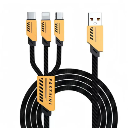 Câble de Charge Rapide 3-en-1 USB-A vers Double USB-C et Lightning, Cordon de Synchronisation Multi-Appareils Tressé, Chargeur Universel Robuste et Anti-Emmêlement pour Smartphones et Tablettes