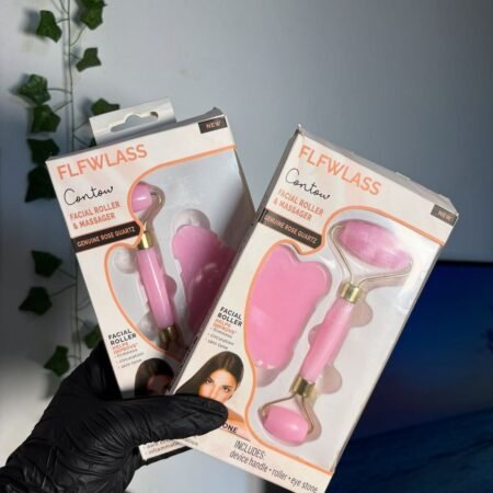 Kit Rouleau de Massage Facial et Gua Sha en Quartz Rose Véritable FLFWLASS Contow pour Lifting Naturel, Anti-âge, Réduction des Cernes et Amélioration du Teint, Outil de Beauté Raffermissant et Circulatoire