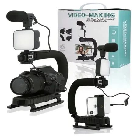 Kit de Stabilisation Vidéo Professionnel en U pour Smartphone et Appareil Photo, Poignée Portable avec Microphone et Lumière LED, Idéal pour Vlogging, Streaming et Création de Contenu de Qualité
