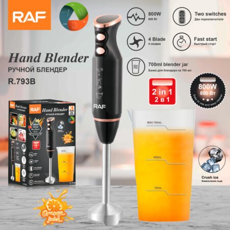 Blender Plongeant RAF R.793 Couleur Blanche et Noire, Mixeur à Main Puissant 800W avec 4 Lames, Idéal Smoothies, Soupes et Glace Pilée, Appareil de Cuisine Polyvalent 2 en 1 pour Préparations Rapides et Faciles