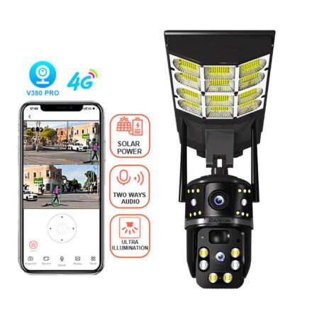 Lampadaire à Caméra de Surveillance Solaire 4G Extérieure PTZ V380 Pro, Autonome avec Éclairage LED Puissant, Audio Bidirectionnel et Détection de Mouvement pour Sécurité Renforcée, Vidéosurveillance Sans Fil Intelligente