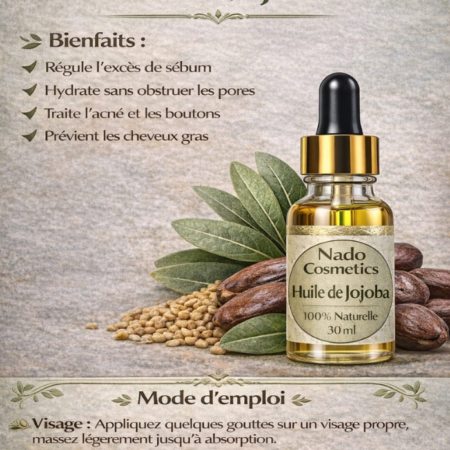 Huile de Jojoba 100% Naturelle Nado Cosmetics 30ml, Régulatrice de Sébum, Hydratante Visage et Cheveux, Traite Acné et Boutons, Prévient Cheveux Gras, Sérum Pur et Équilibrant