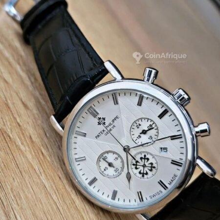 Montre PATEK PHILIPPE Homme Élégante Chronographe Patek Style, Bracelet Cuir Noir, Cadran Blanc Texturé, Affichage Date et Multi-Fonctions, Style Classique Luxe pour Homme